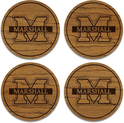 LazerEdge Marshall Thundering Herd Wooden Coaster Set - Cherry Wood - Officially Licensed Product - 4-Pack