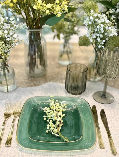 " OCCASIONS " 100 Plates Pack,(50 Guests) Premium Wedding Party Disposable Plastic Plates Set -50 x 10'' Dinner + 50 x 7'' Salad/Dessert (Belize Square in Green & Gold)