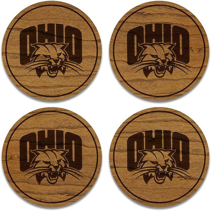 LazerEdge Ohio Bobcats Wooden Coaster Set - Cherry Wood - Officially Licensed Product - 4-Pack