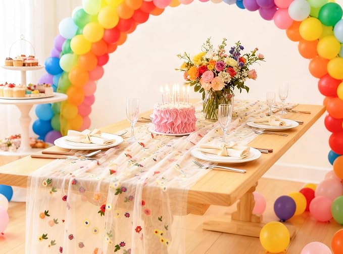 Table Runner 10FT Floral Gauze Tea Party Decorations Embroidery | Champagne - Image 8