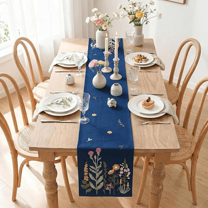 Artoid Mode Dark Blue Soft Chain Embroidery Wild Floral Spring Table Runner - Image 6