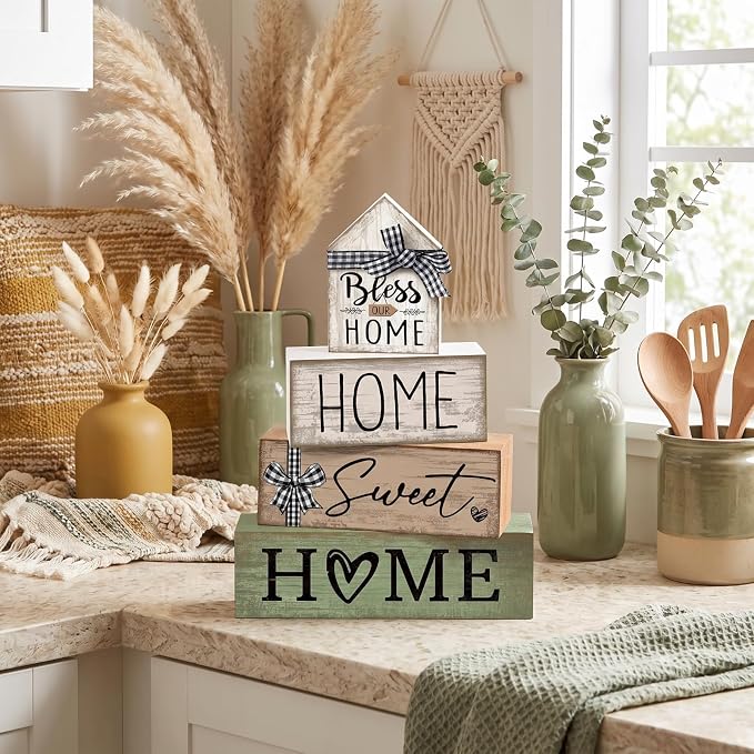 Moucuny 4 Pcs Wooden Farmhouse Table Decor Rustic Home Sweet Home Stacked - Image 2
