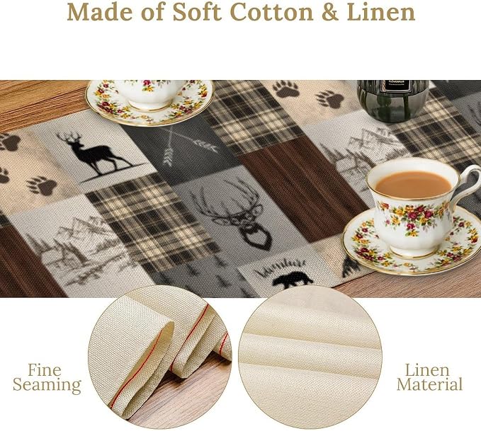 Rustic Cabin Moose Deer Bear Table Runner, Retro Vintage Bear Cottage Country - Image 3