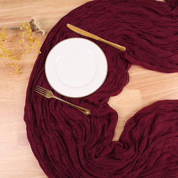 Burgundy Red Fall Thanksgiving Cheesecloth Table Runner 13.3FT Long Boho - Image 4