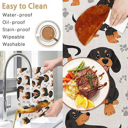 Dog Dachshund Placemats Set of 6, Grey Paws Waterproof Non-Slip Washable Table Mats for Kitchen Dining Holiday Party Wedding Decor 12x18 Inch