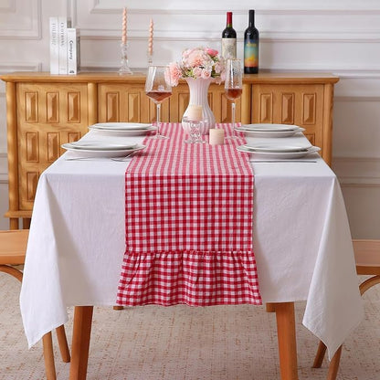 Red White Plaid Gingham Ruffle Table Runner 90 inches Long 100% Washed Cotton by KMASANIJI