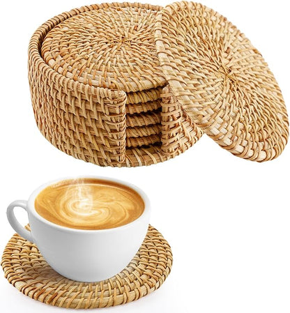 6pcs Natural Handmade Rattan Coasters with Holder - Wicker Drink Coasters Set for Protecting Table, Housewarming Gifts Boho Home Decor