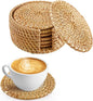6pcs Natural Handmade Rattan Coasters with Holder - Wicker Drink Coasters Set for Protecting Table, Housewarming Gifts Boho Home Decor