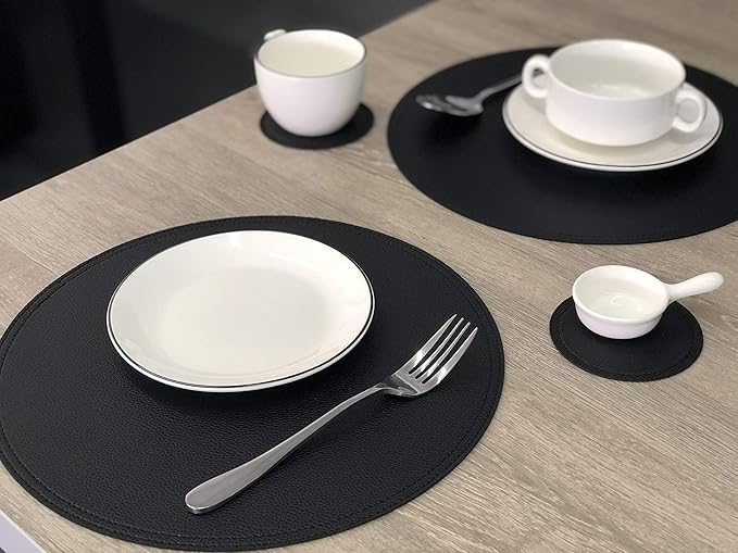 Set of 8 Faux Leather Round Placemats and Coasters, Coffee Mats Kitchen Table Mats, Waterproof, Easy to Clean for Kitchen Dining Round Table