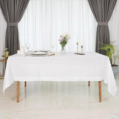 D'Moksha Homes White Linen Tablecloth for Rectangle Tables 60 x 84 Inch - Classic Hemstitch 100% Pure Linen White Table Cloth - Machine Washable Dining Tablecloth for Christmas, Holiday, New Year