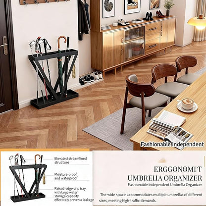 Modern Umbrella Stand with Drip Tray and Storage Shelf at The Entrance Foyer, Stylish Freestanding Umbrella Organizer, Indoor and Outdoor Umbrella Stand