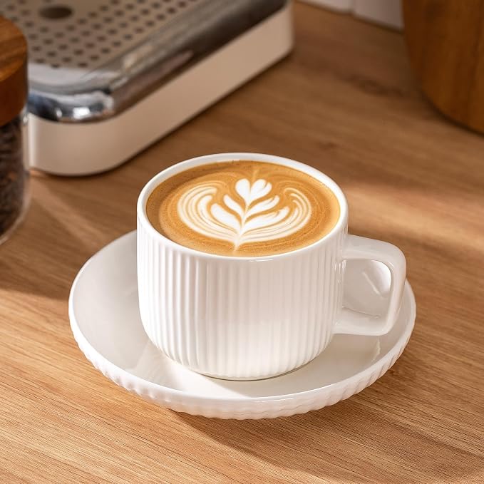 Ceramic Coffee Mug with Saucer, 8oz Glossy Porcelain Tea Cup Set, Modern - Image 3
