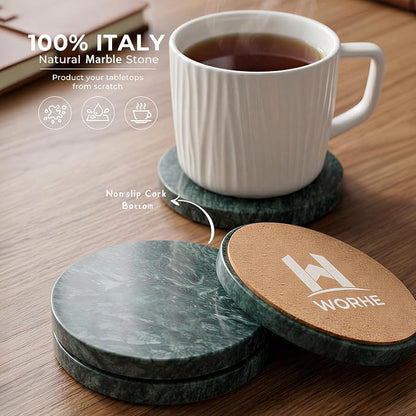 Natural Marble Coasters Set of 4-4" Round Stone Drink Coasters, Non-Slip Cork - Image 3