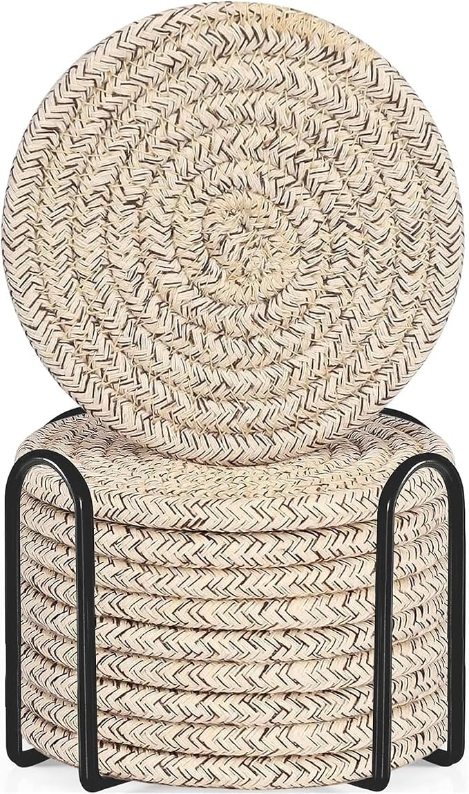 ABenkle Drink Coasters with Holder Set of 10, Cotton Woven Absorbent Coasters by ABenkle