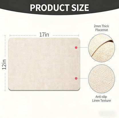 Faux Leather Placemats Set of 6, 17×12 Inch Waterproof Wipeable PU Place Mats Heat Resistant Anti Slip Dining Table Place Mats for Kitchen Dining Indoor & Outdoor Use (Beige)