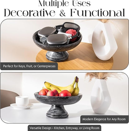 Decorative Marble Bowl with Anti-Slip Pads, Large Countertop Centerpiece and Modern Catch All Bowl for Entryway Keys - Elegant Large Fruit Bowl, Black, ~10"