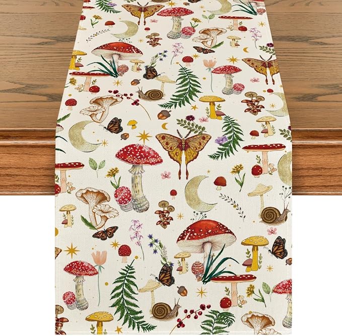 Artoid Mode Beige Modern Mushroom Table Runner, Seasonal Botanic Farmhouse by ArtoidMode