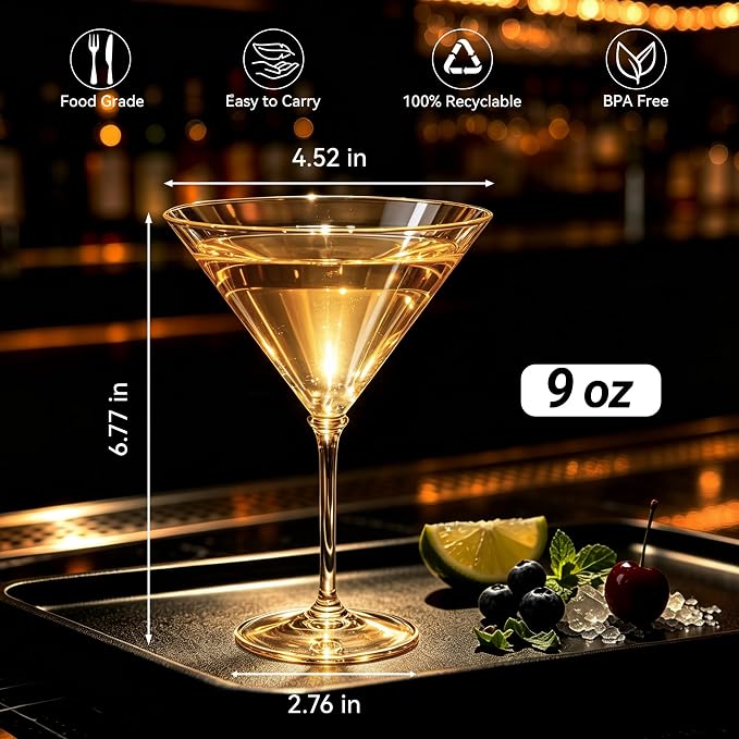 Plastic Martini Glasses Set of 12, 9 oz Gold Cocktail Cups | Unbreakable - Image 2