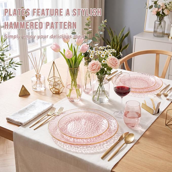 Rubtlamp 60Pcs Pink Plastic Plates, Hammered Gold Plates Include 30Pink Plastic - Image 3