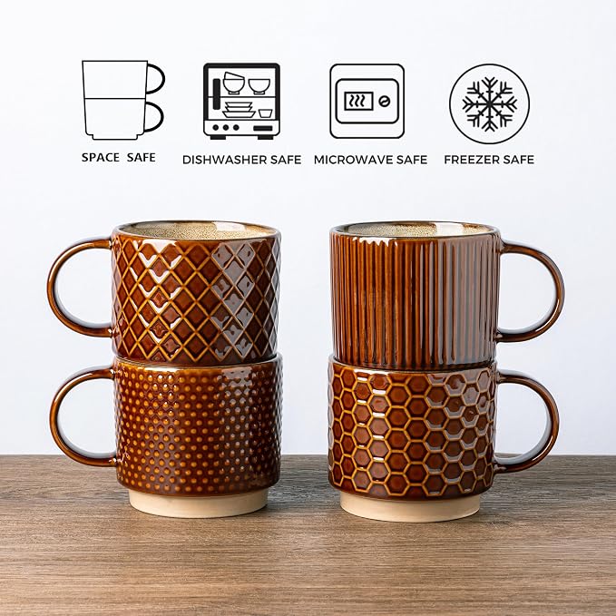 GBhome 15 OZ Stackable Coffee Mugs Set of 4, Ceramic Coffee Cups Set | 4 - Image 6