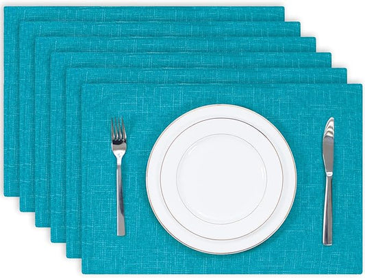 Kevin Textile Burlap Linen Placemats Set of 6 Heat Resistant Dining Table Place Mats Washable Kitchen Table Mats for Dinning Party Holiday Indoor Outdoor, 13 x19 inches,Peacock Blue