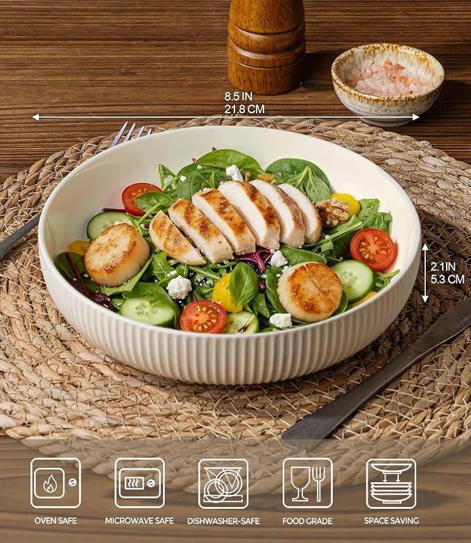 8.5" Ceramic Pasta Bowls Set of 4, Salad Bowls | Versatile Serving Bowls - Image 2