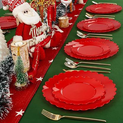 SUT 72Pcs Red Plastic Plates,10.25inch red Dinner Plates, Disposable Dinner Plates, Heavy Duty Plastic Plates, Disposable Plates,Scallop Plastic Plates for Party
