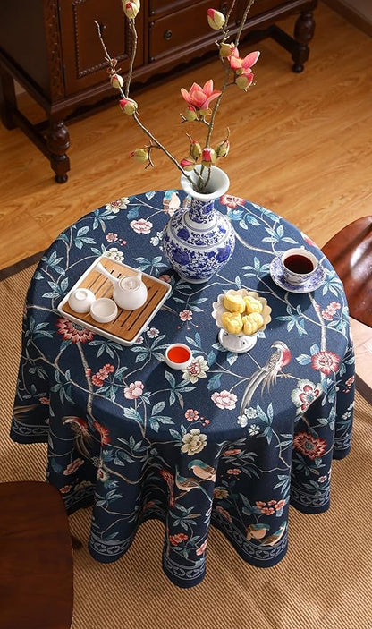 patdrea Designer Vintage Dark Blue Linen Round Tablecloth,Navy French Floral and Birds Pattern Table Cloth,Decoration Table Cover for Kitchen,Dining,Tea Party,Home,Christmas,Diameter 55"