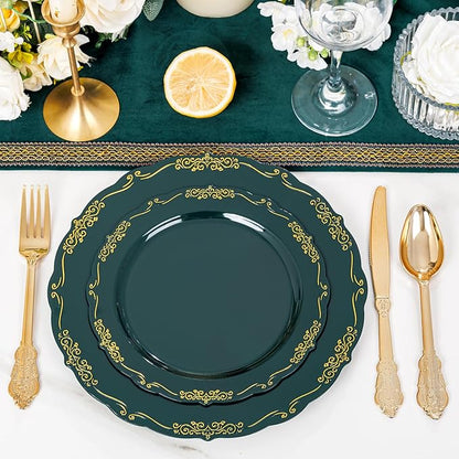 DaYammi 150Pcs Green Plastic Plates with Gold Silverware,Green Disposable Plates for Party include 30 Dinner Plate,30 Dessert Plate,90 Gold Plastic Cutlery,green gold plate for St. Patrick's Day Party