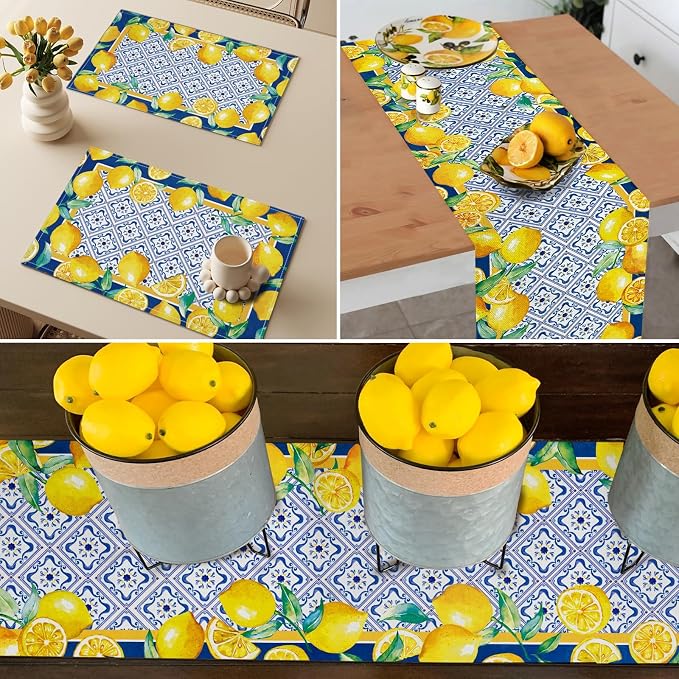 Capri Blue Lemon Table Runner Italy Tile Burlap Artificial Yellow Lemon Fruit - Image 4