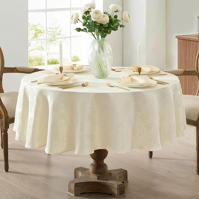 Newbridge Barcelona Luxury Damask Fabric Tablecloth, 70” Round, Antique White - Image 6