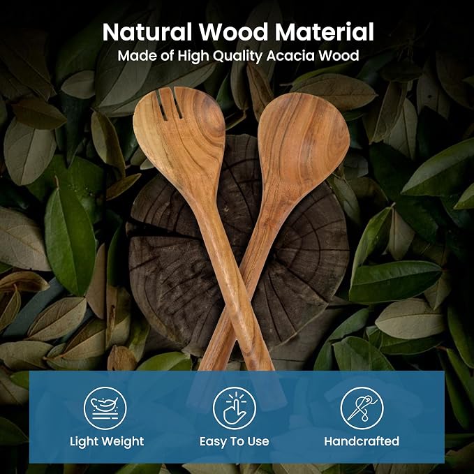 The Fine Living Co. Acacia Salad Servers, 11 Inches, Natural | Handcrafted - Image 5