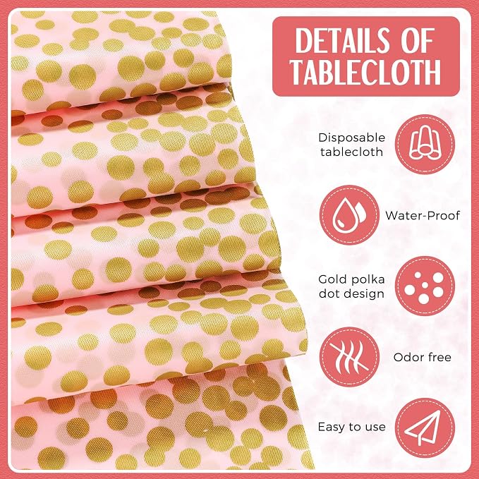 24 Pack Pink and Gold Disposable Plastic Tablecloths and Satin Table Runner Set - Image 3