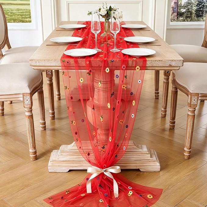 BINBE 3pcs Daisy Spring Table Runner Embroidery Gauze 10FT Florals Seasonal - Image 2