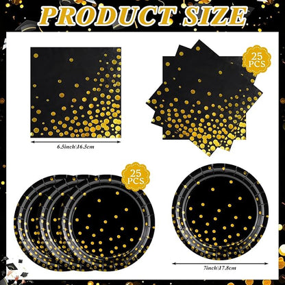 NatNarr 25 Set Black Gold Plates and Napkins Set, 6.5" Napkins, - Image 2