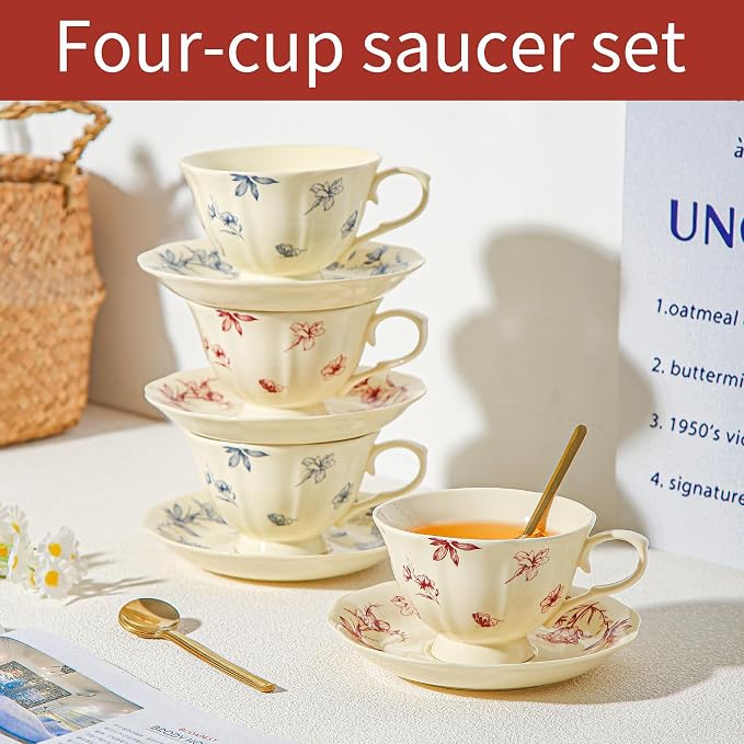 Vintage Fancy Porcelain Tea Cups and Saucers Set of 4, 8 oz China Ceramic - Image 3