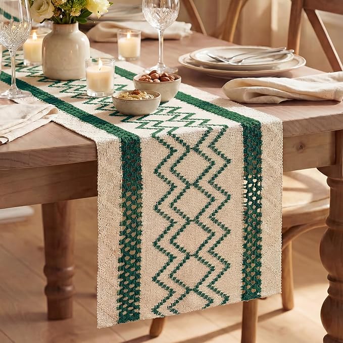 Artoid Mode Forest Green Stripe Diamond Woven Table Runner 12x108 Inch | by ArtoidMode