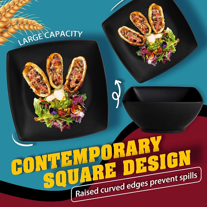 Teivio 16-piece Plastic Wheat Straw Square Dinnerware Set - Image 5
