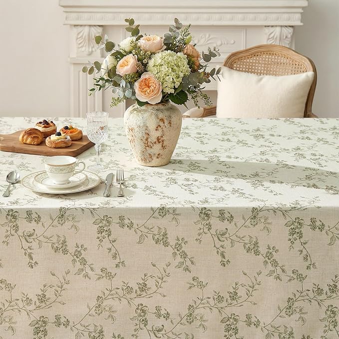 jinchan Green Farmhouse Floral Linen Square Table Cloth 52 x 52 Inch | - Image 4