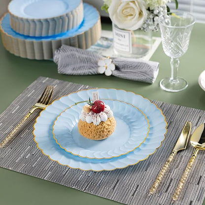 Lullaby 60PCS Light Blue Scalloped Plastic Plates - Image 6
