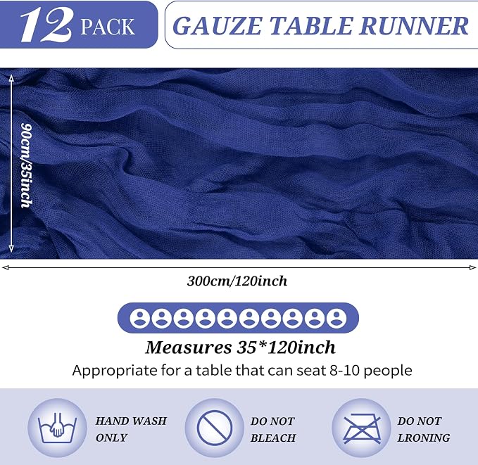 YMHPRIDE 12 Pack Cheesecloth Table Runner 35x120in Royal Blue Table Runner | - Image 2