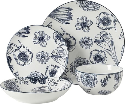 Gibson Home Westerly Court 16-Piece Dinnerware Set, Blue Floral Stoneware Plates & Bowls, Service for 4, Round Durable Everyday Dish Set