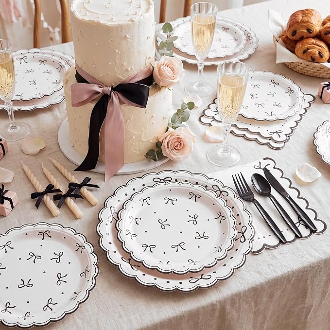 Natnarr 25 Set Black Bow Birthday Decorations Cute Bow Plates Napkins Set | 9" - Image 3