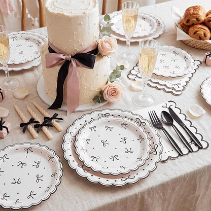 Natnarr 25 Set Black Bow Birthday Decorations Cute Bow Plates Napkins Set | 9" - Image 3