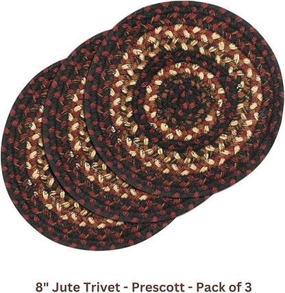 Homespice Prescott Jute Braided Trivets for Table - Set of 3, Round 8", Black & Red - Rich Colors, Easy to Clean, Durable and Protects Furniture