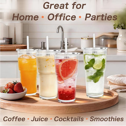 20oz Glass Tumblers with Lids and Straws, Ribbed Glassware - Image 5