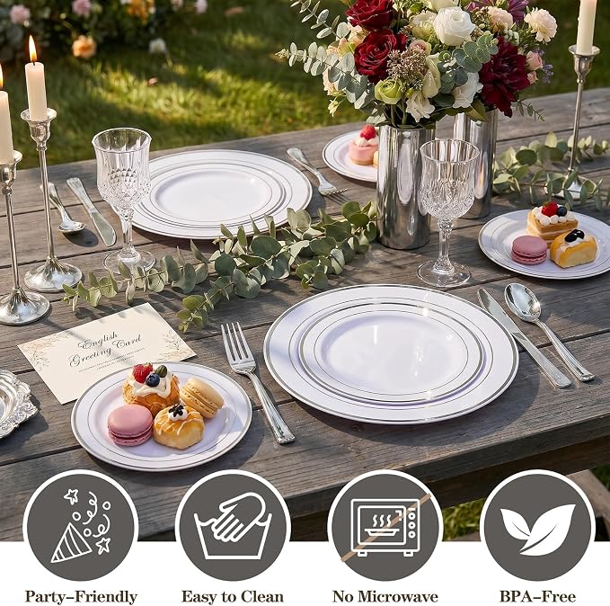 102 Pcs Silver Plastic Plates, Premium Silver Disposable Plates | Plastic - Image 3