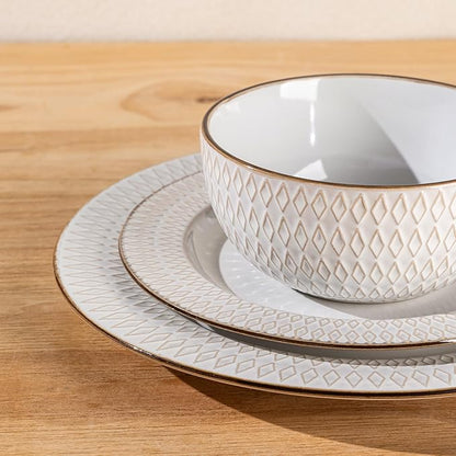 GBHOME Ceramic Dinnerware Sets,12 pcs Embossed Elegant Stoneware Plates and Bowls Sets, Housewarming Wedding Gift | Dishwasher & Microwave Safe | Dishes Set Service for 4