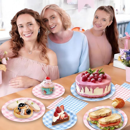 180Pcs Pink Blue Gingham Party Supplies Paper Plates and Napkins Serve 60 | - Image 5