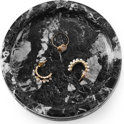Marble Jewelry Dish 5 Inch Handmade Black Small Trinket Dish, Necklace & Ring Holder for Vanity Decor Accessories, Candle Plate, Key Bowl & Perfume Organzier, Gifts for Women
